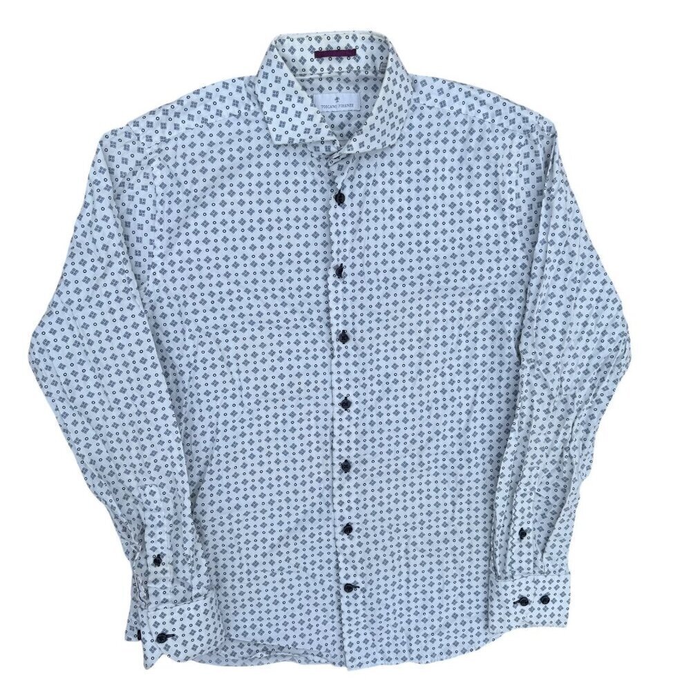 Toscano Fireze Dress Shirt Polka Dot Long Sleeve Button Up White Medium
